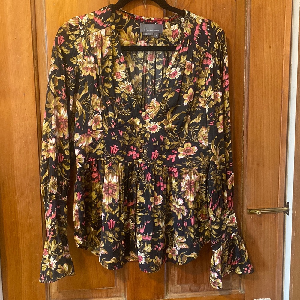 Anthropologie Black Floral Peplum Blouse